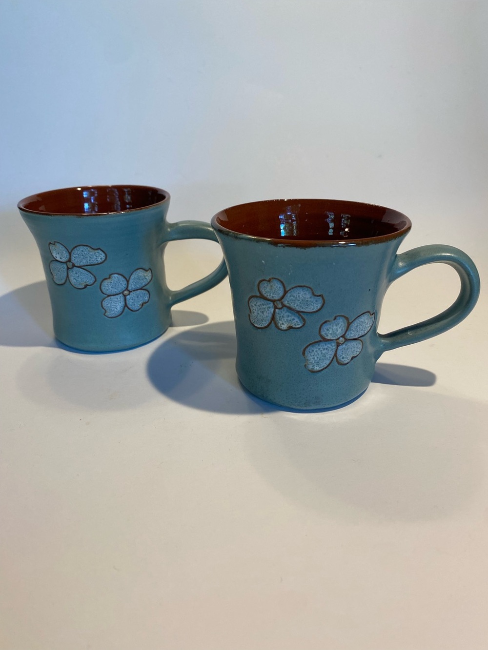 Vintage McWhirter Pottery Mugs Set of 2 Signed Celo NC Teal/Brown Dogwood